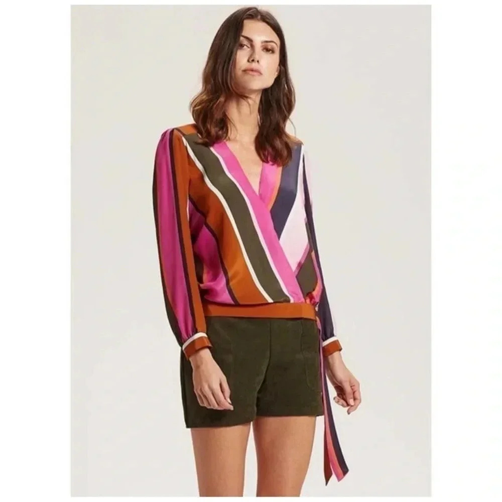 Marie Oliver Stripe Ripley Silk Wrap Blouse Size XXS - Picture 1 of 9